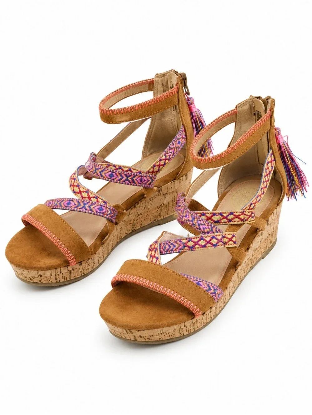 SO® Girls Boho Cork Wedge Sandals with Embroidered Straps & Tassels Size 2